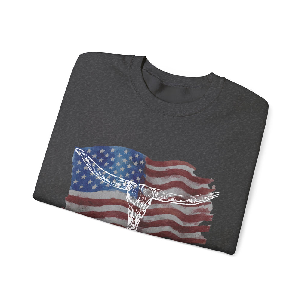 American Flag Patriotic Longhorn Crewneck