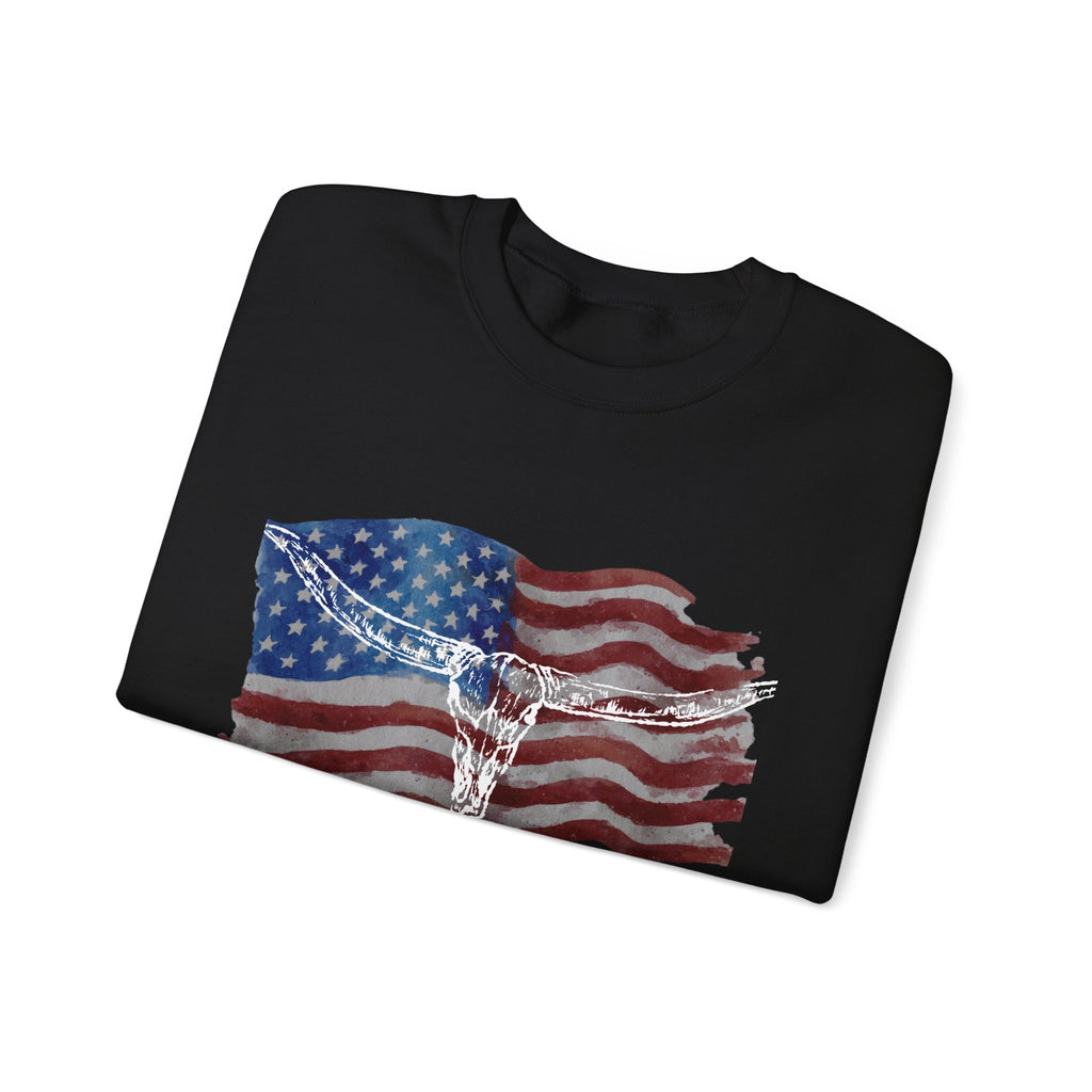 American Flag Patriotic Longhorn Crewneck
