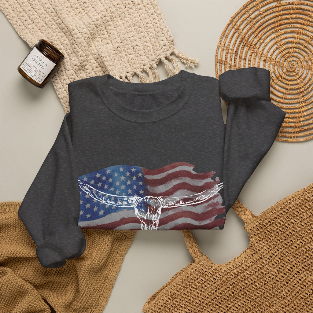 American Flag Patriotic Longhorn Crewneck