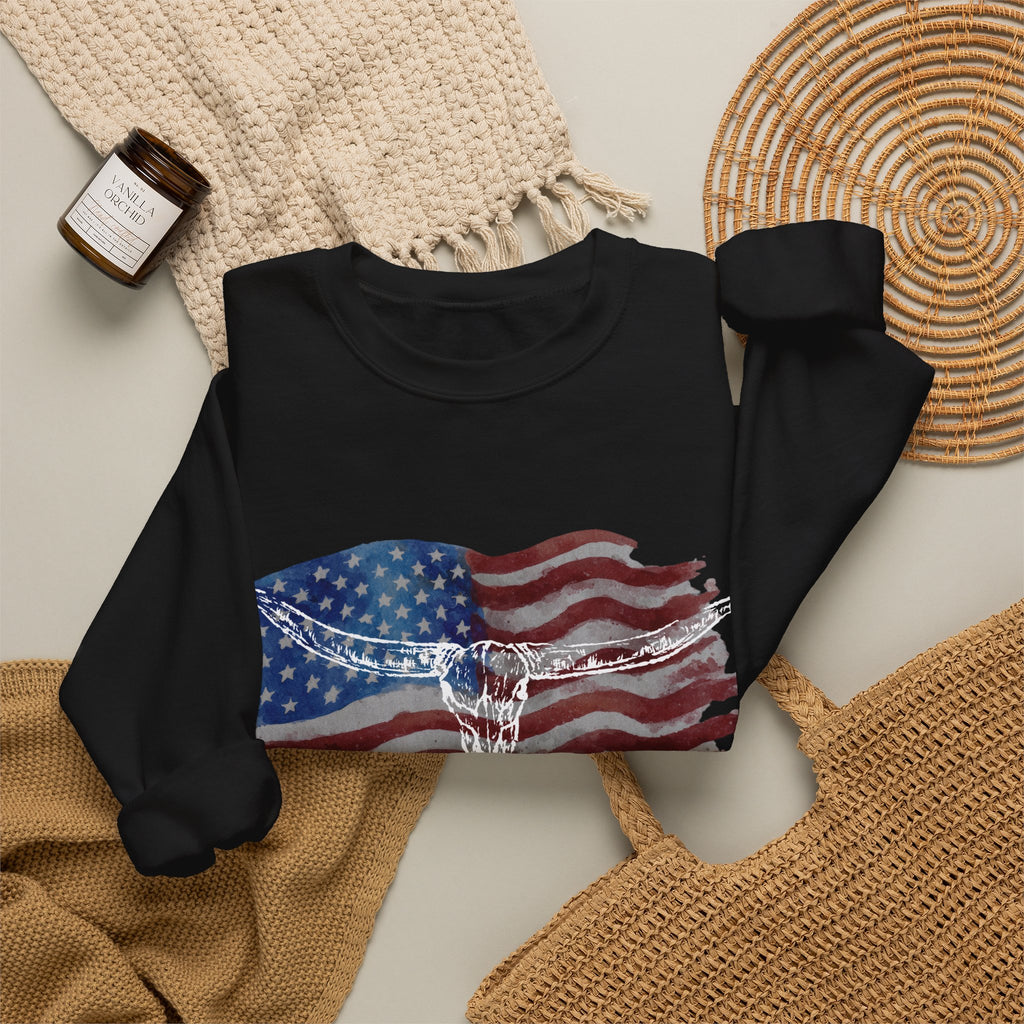 American Flag Patriotic Longhorn Crewneck