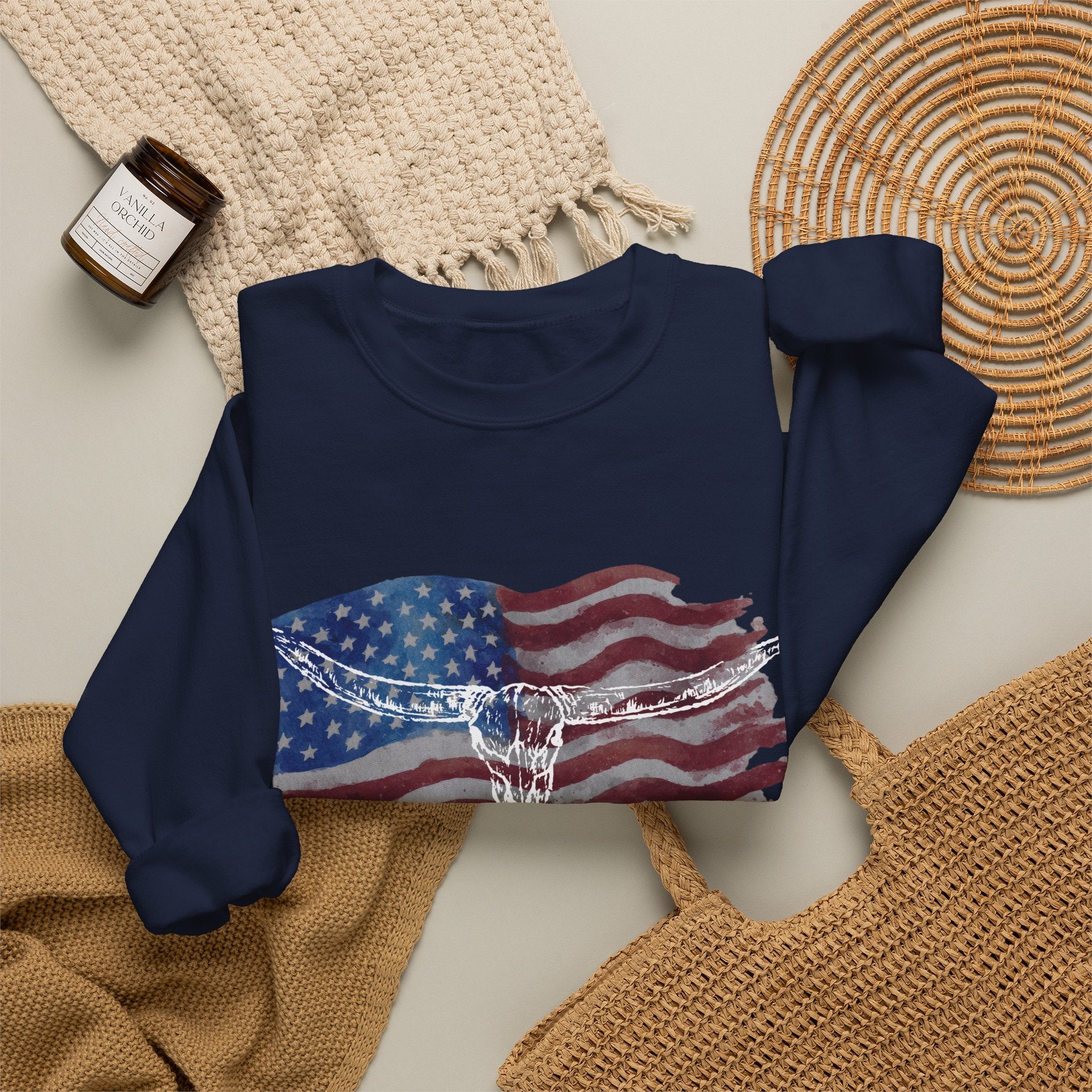 American Flag Patriotic Longhorn Crewneck