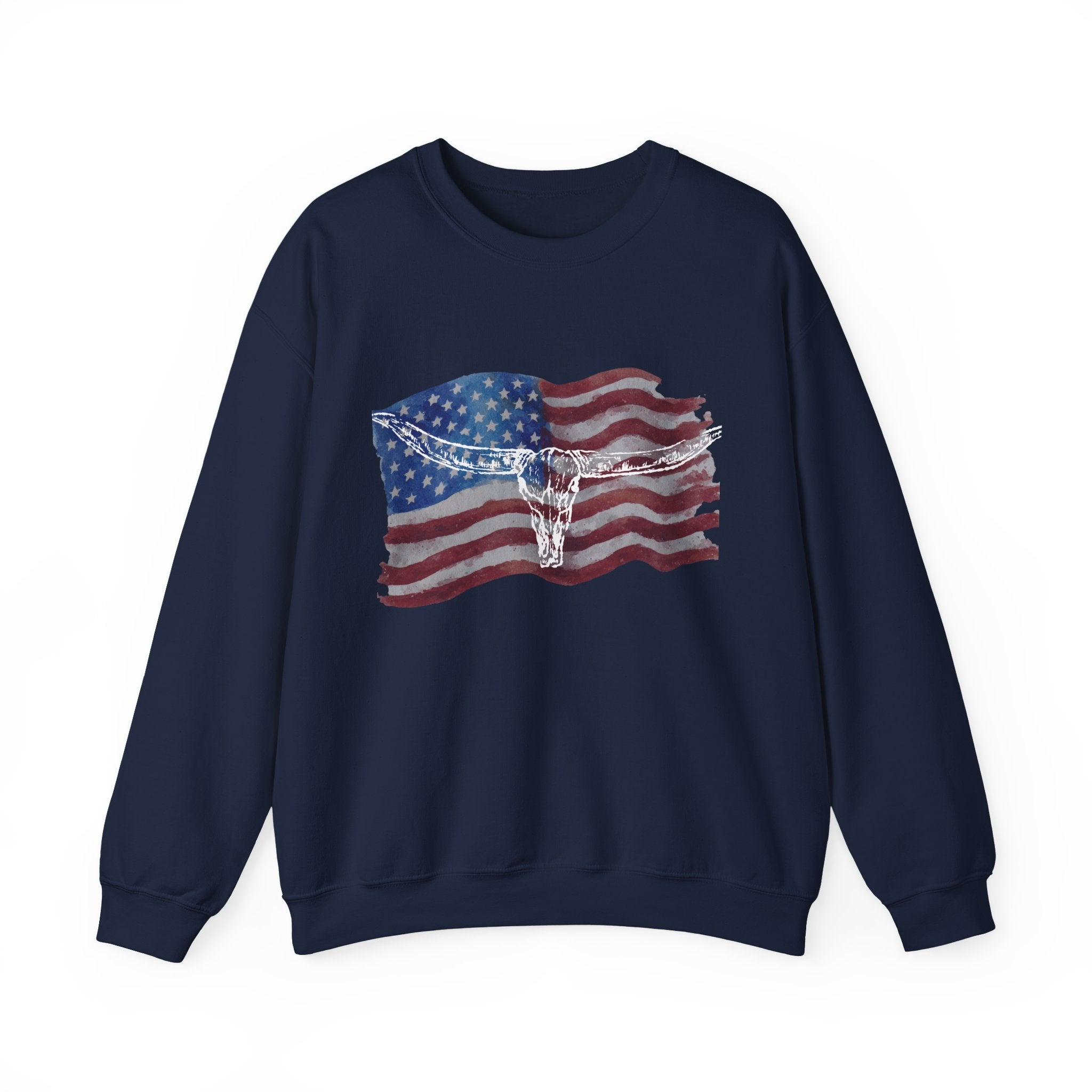 American Flag Patriotic Longhorn Crewneck