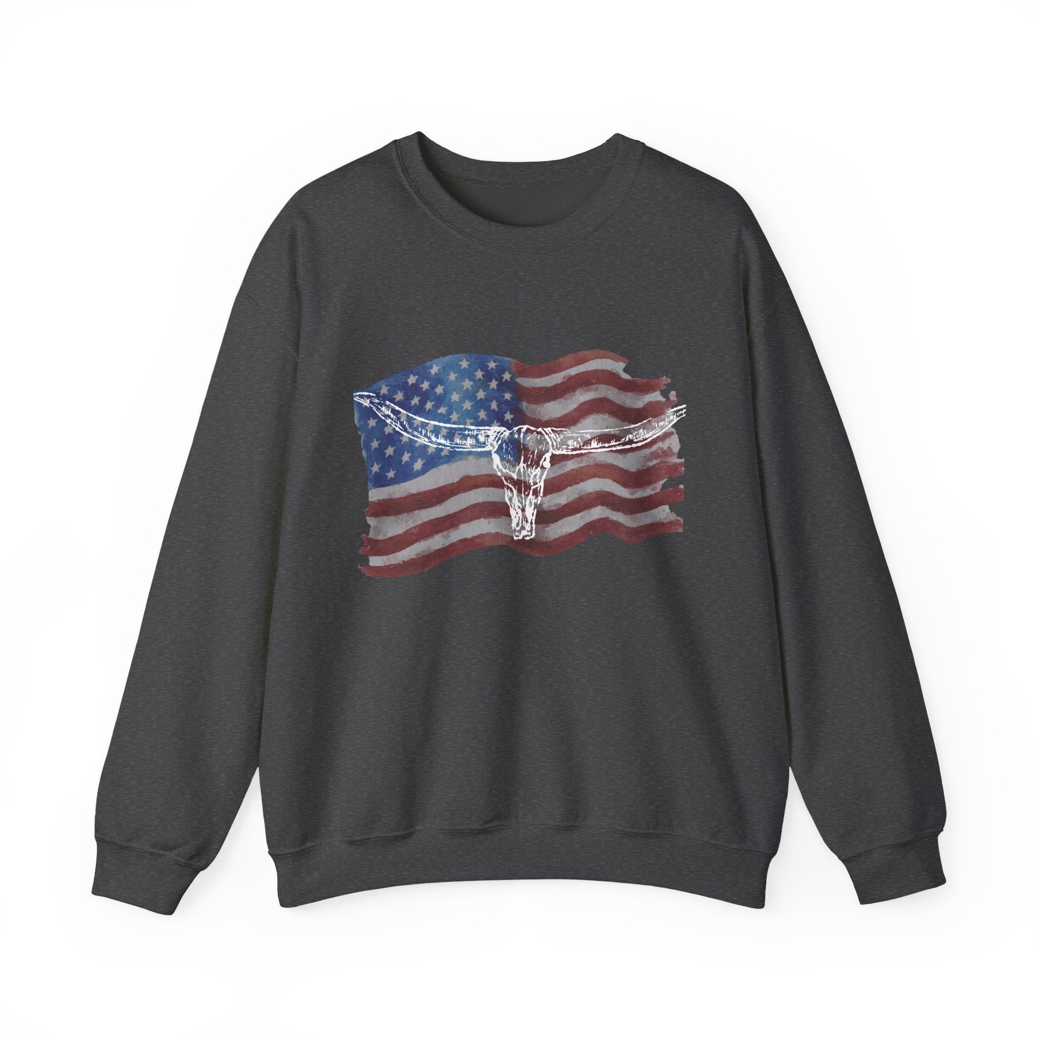 American Flag Patriotic Longhorn Crewneck